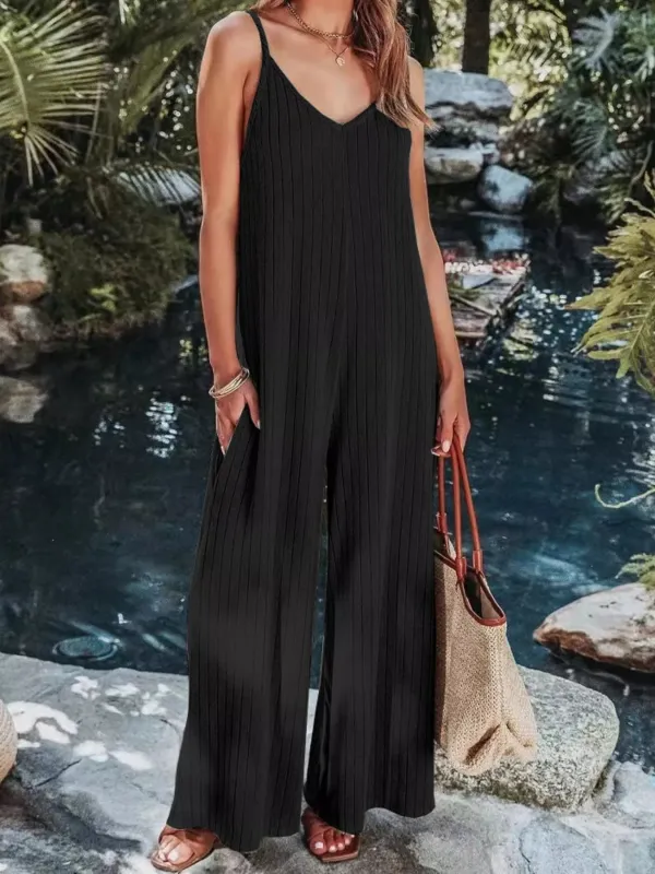 Ribbed V-Neck Wide Leg Jumpsuit sold by Charming Charlie