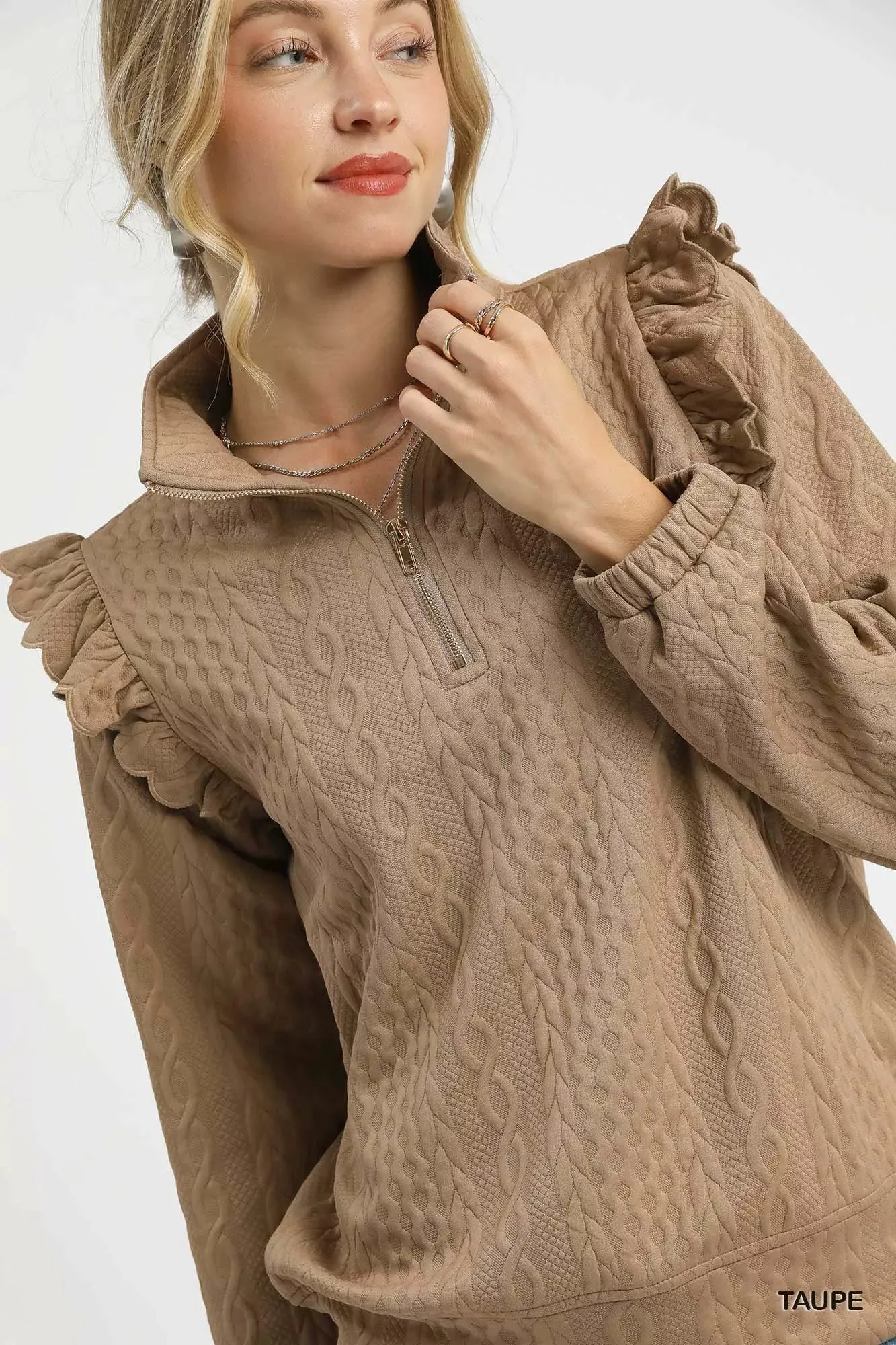 Umgee Cable Knit Textured Pullover with Ruffle Shoulders sold by Charming Charlie product image thumbnail 5