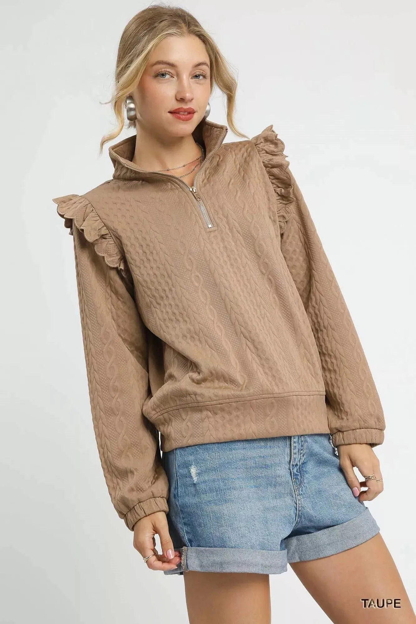Umgee Cable Knit Textured Pullover with Ruffle Shoulders sold by Charming Charlie product image thumbnail 2