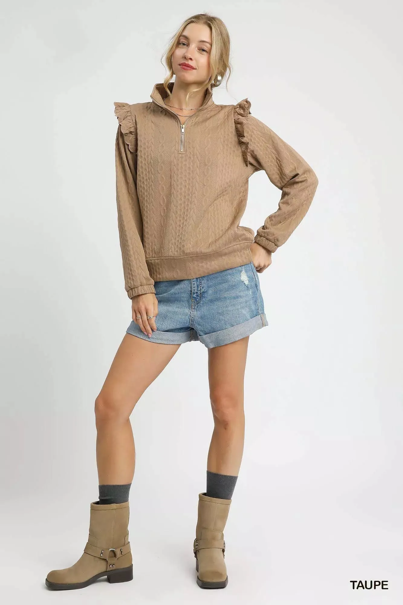 Umgee Cable Knit Textured Pullover with Ruffle Shoulders sold by Charming Charlie product image thumbnail 4