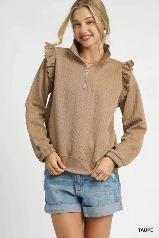Umgee Cable Knit Textured Pullover with Ruffle Shoulders sold by Charming Charlie
