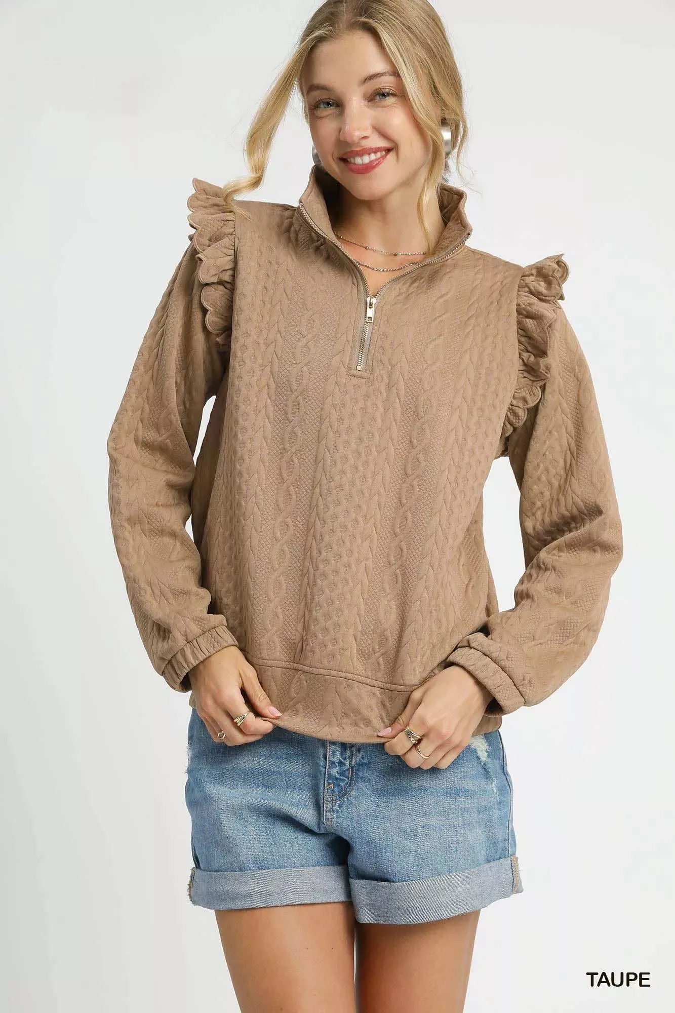 Umgee Cable Knit Textured Pullover with Ruffle Shoulders sold by Charming Charlie