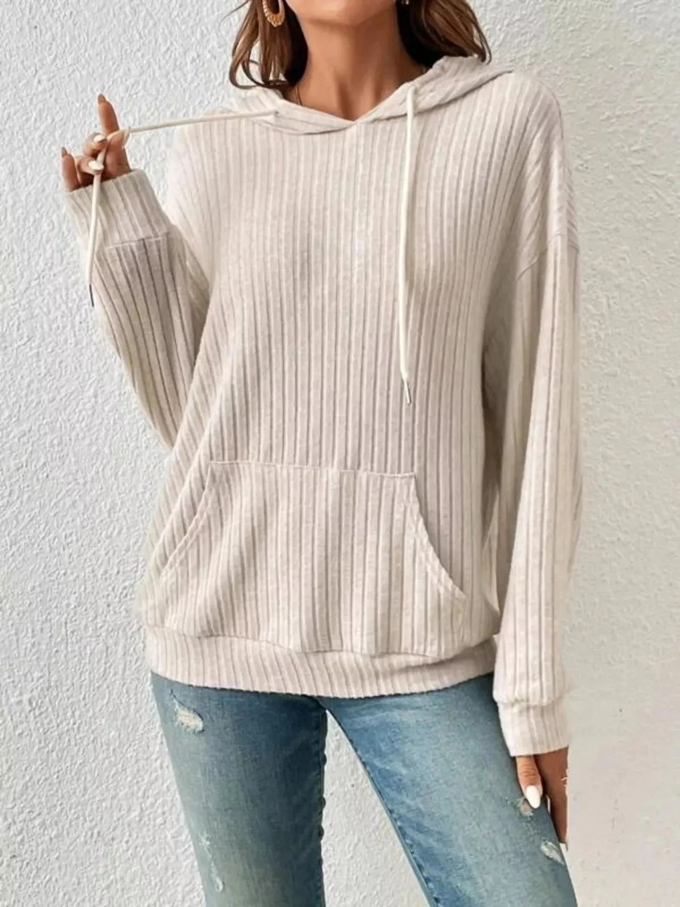 Ribbed Knit Long Sleeve Drawstring Hoodie sold by Charming Charlie product image thumbnail 4