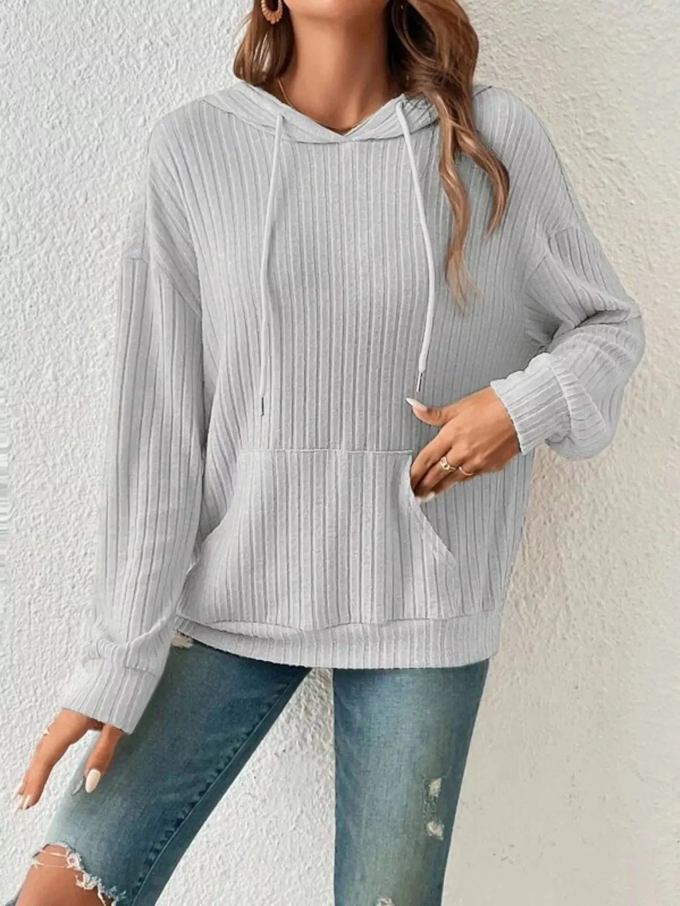 Ribbed Knit Long Sleeve Drawstring Hoodie sold by Charming Charlie