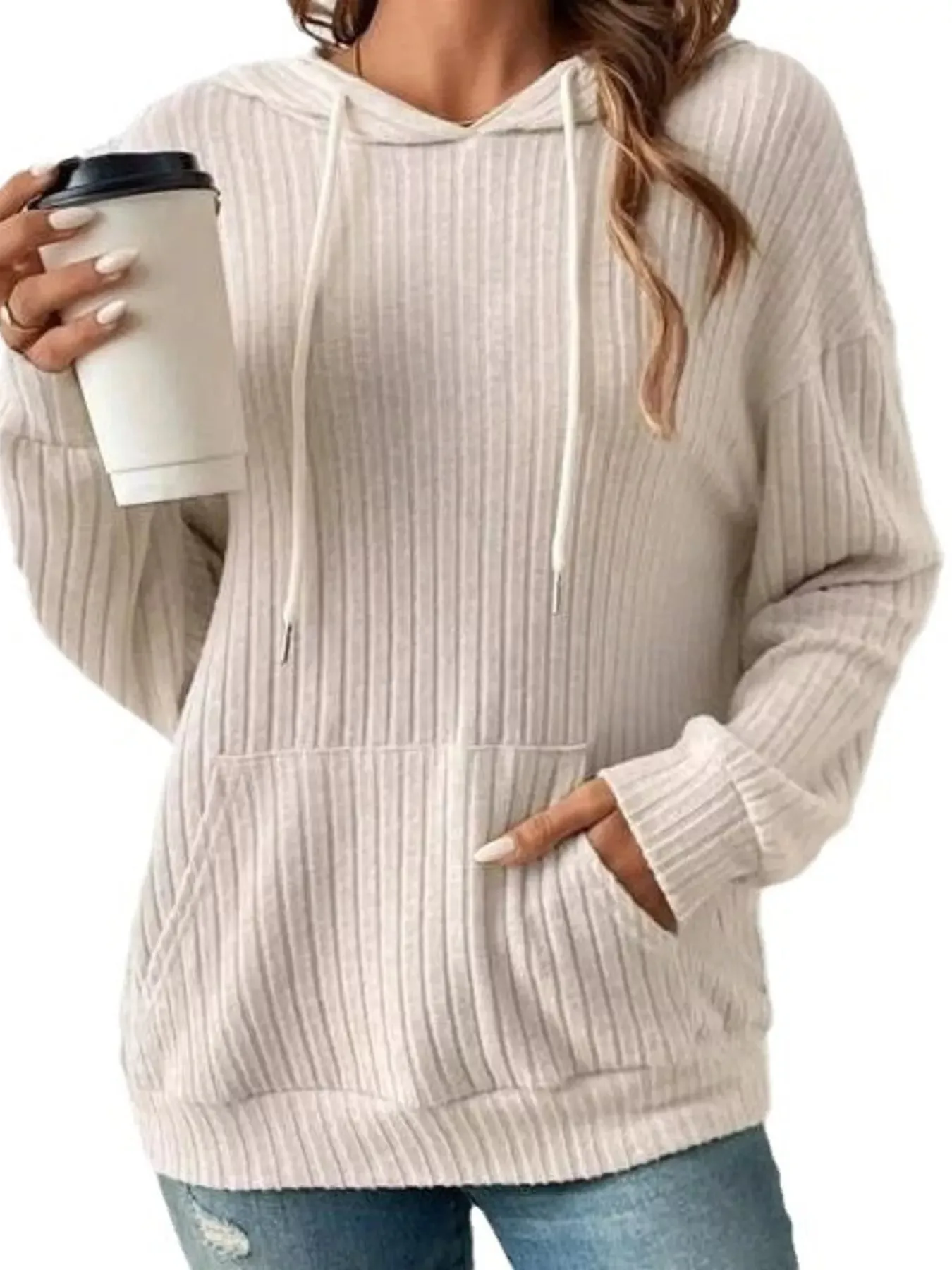 Ribbed Knit Long Sleeve Drawstring Hoodie sold by Charming Charlie product image thumbnail 5