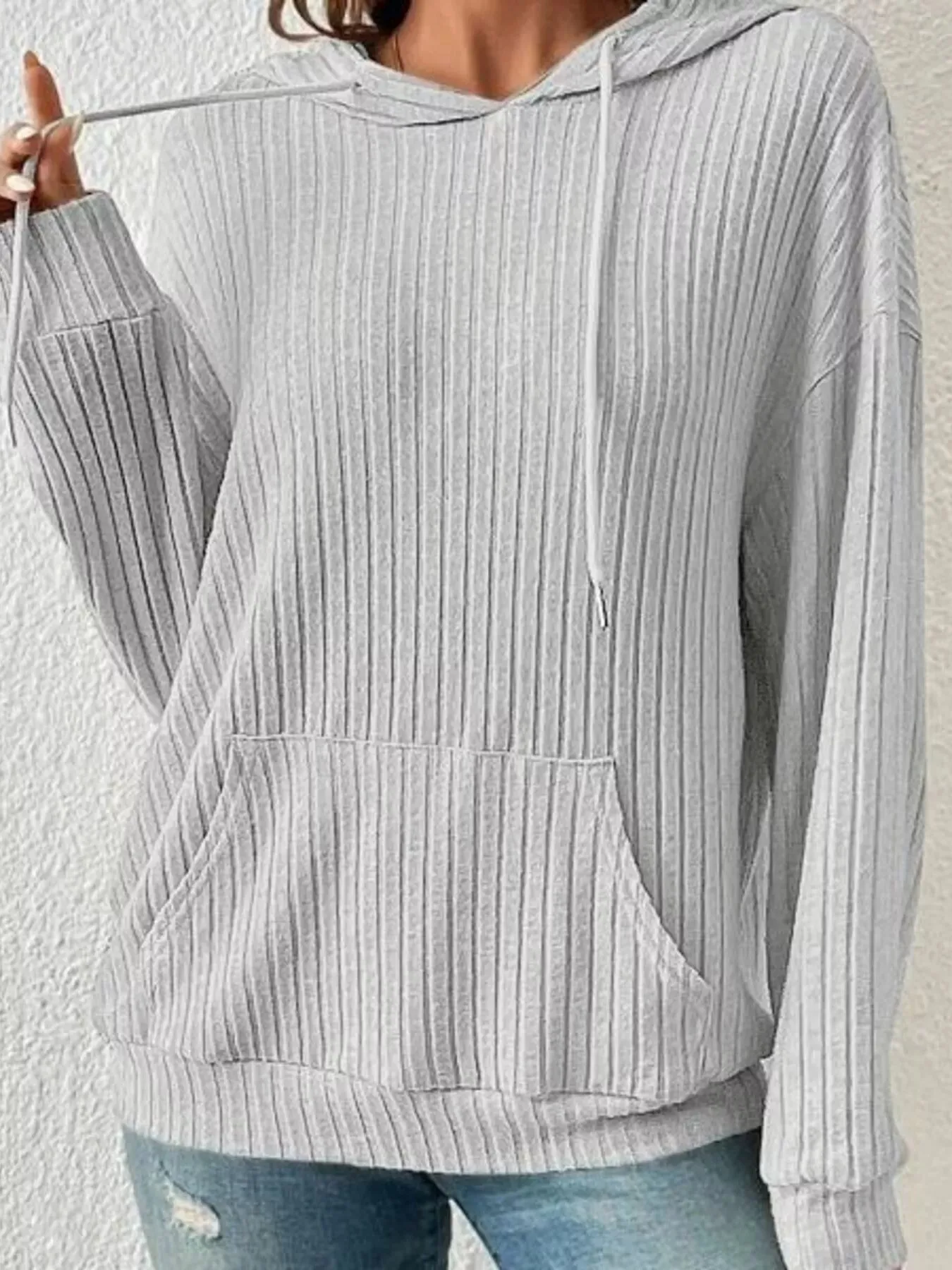 Ribbed Knit Long Sleeve Drawstring Hoodie sold by Charming Charlie product image thumbnail 2