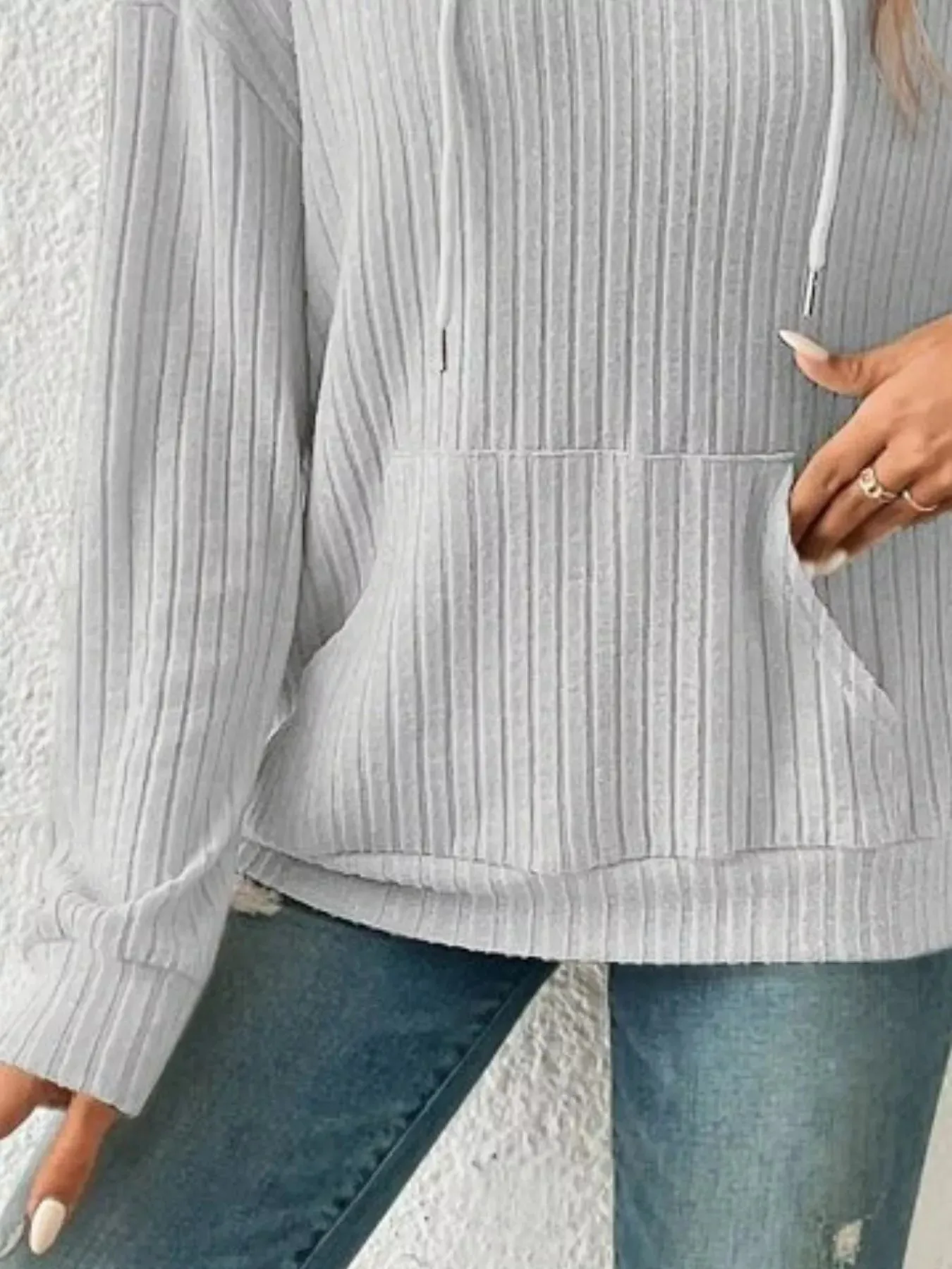 Ribbed Knit Long Sleeve Drawstring Hoodie sold by Charming Charlie product image thumbnail 3