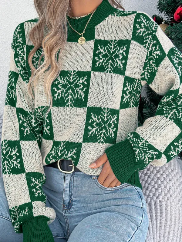Christmas Snowflake Checkered Round Neck Sweater sold by Charming Charlie