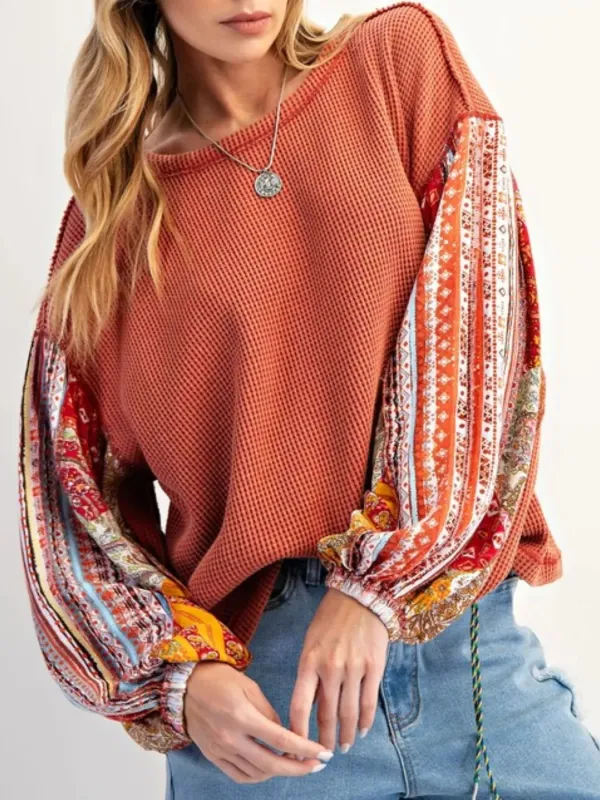 Waffle Knit Round Neck Dropped Shoulder Sweatshirt sold by Charming Charlie