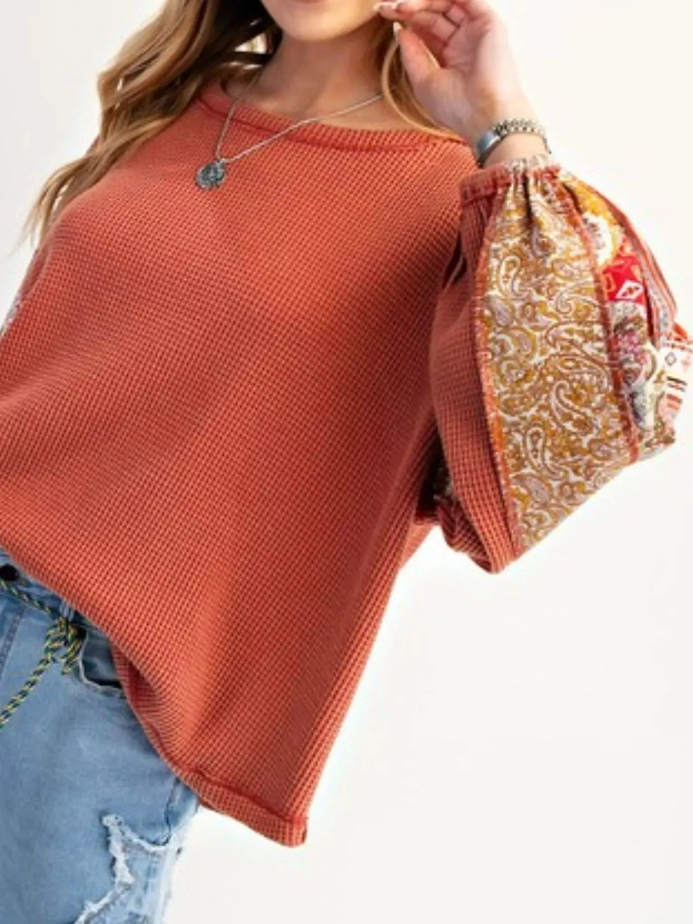 Waffle Knit Round Neck Dropped Shoulder Sweatshirt sold by Charming Charlie product image thumbnail 5