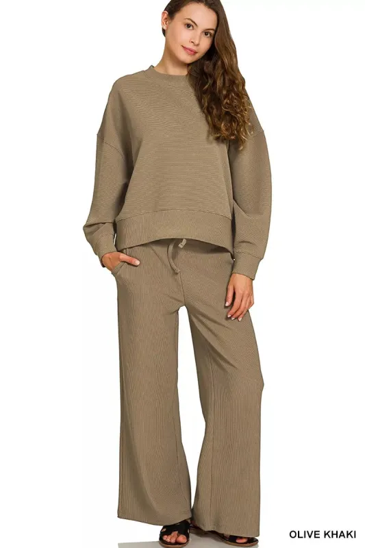 Zenana Ribbed Round Neck Pullover and Drawstring Pants Set sold by Charming Charlie