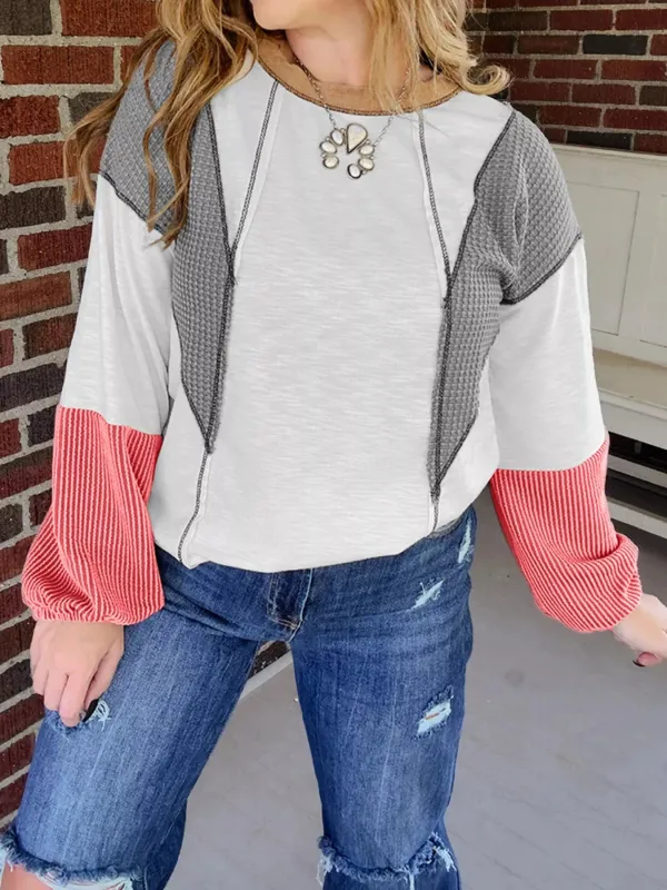 Color Block Textured Knit Patchwork Casual Top sold by Charming Charlie
