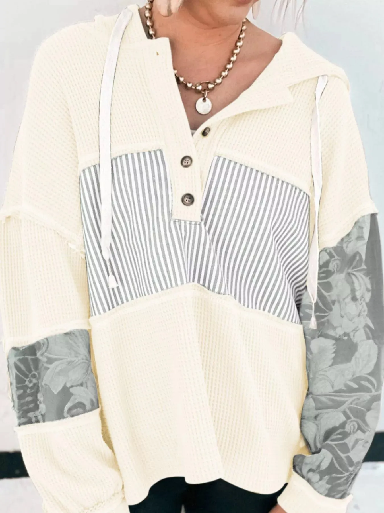 Waffle Knit Striped Drawstring Hoodie sold by Charming Charlie product image thumbnail 5