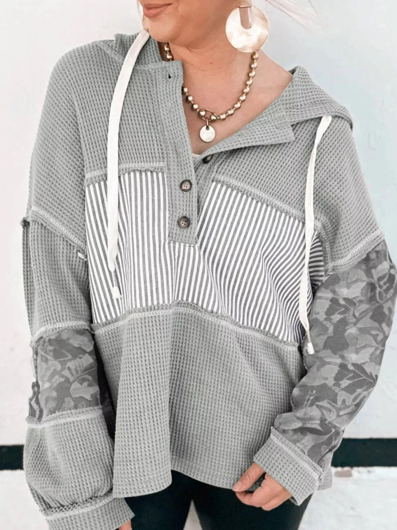 Waffle Knit Striped Drawstring Hoodie sold by Charming Charlie product image thumbnail 2