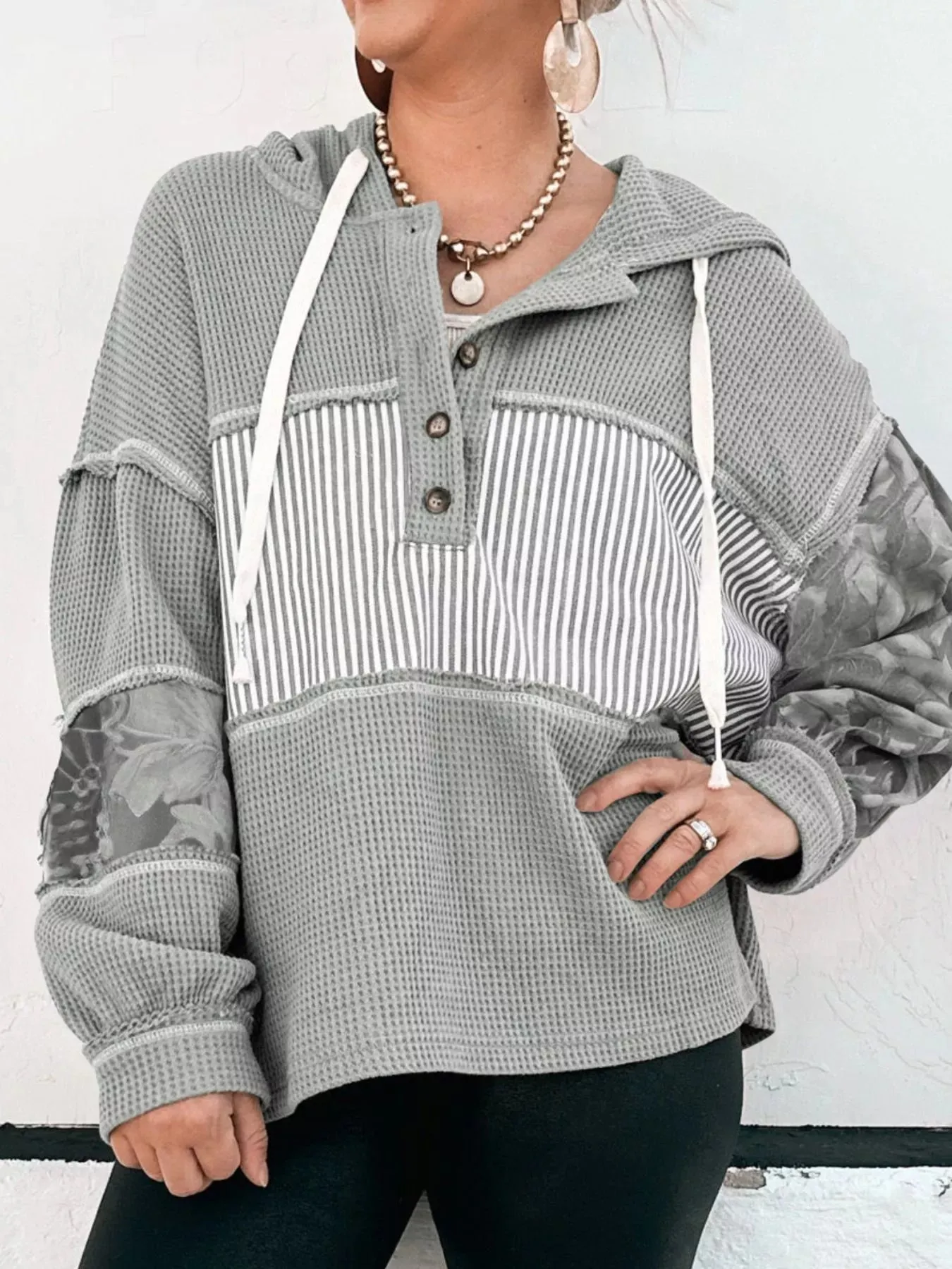 Waffle Knit Striped Drawstring Hoodie sold by Charming Charlie product image thumbnail 3