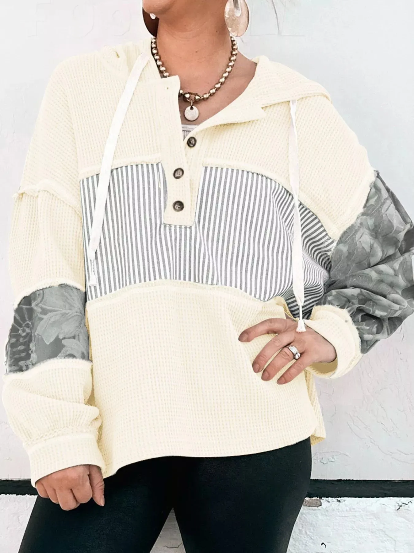 Waffle Knit Striped Drawstring Hoodie sold by Charming Charlie product image thumbnail 4