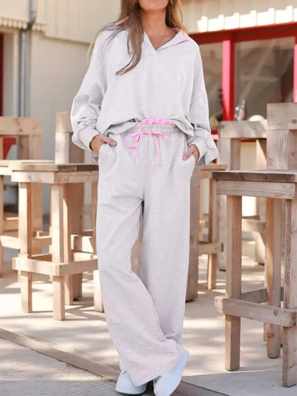 Contrasted Trim Frilled Collar Drop Shoulder Top and Drawstring Pant Set sold by Charming Charlie