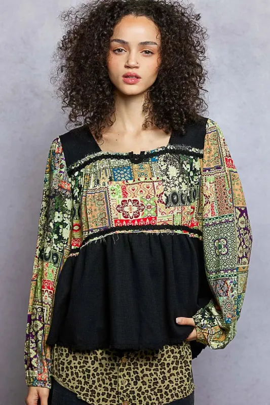 POL Balloon Sleeve Peplum Blouse with Trim Detail made by Trendsi