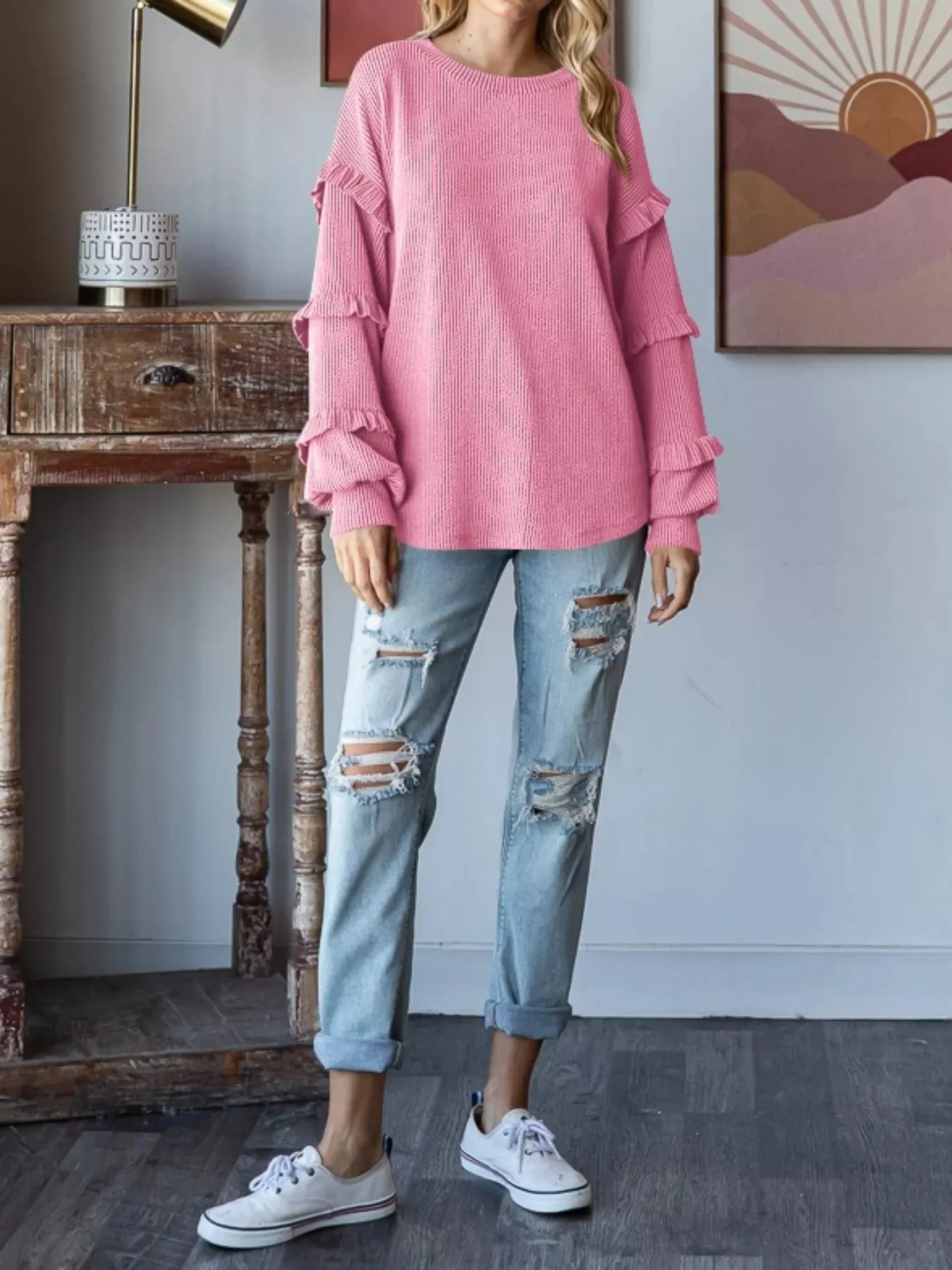 Ruffle Trim Long Sleeve Ribbed Top sold by Charming Charlie product image thumbnail 4