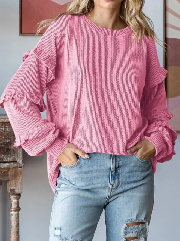 Ruffle Trim Long Sleeve Ribbed Top sold by Charming Charlie