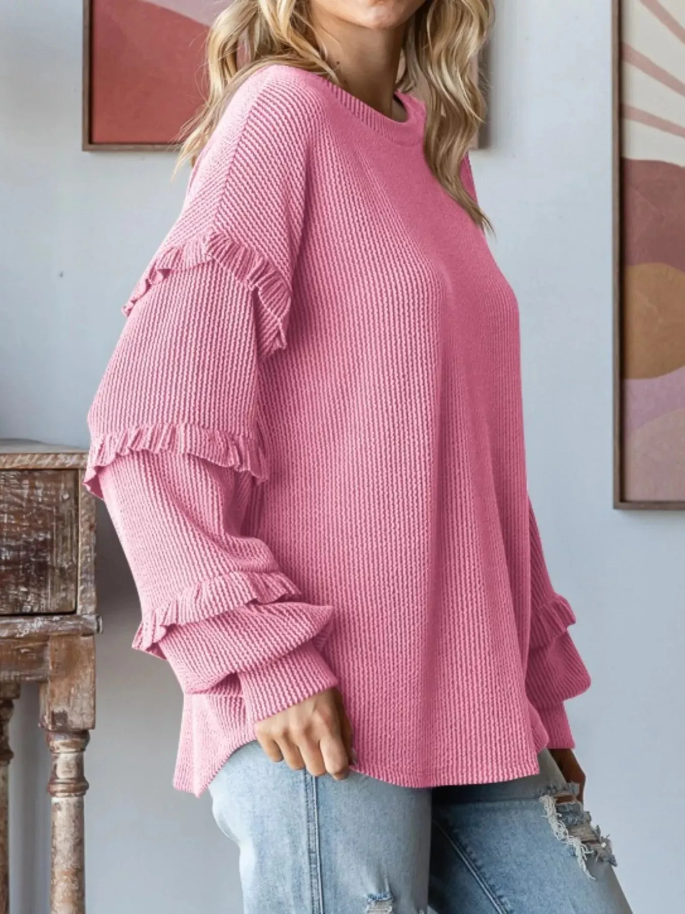 Ruffle Trim Long Sleeve Ribbed Top sold by Charming Charlie product image thumbnail 3