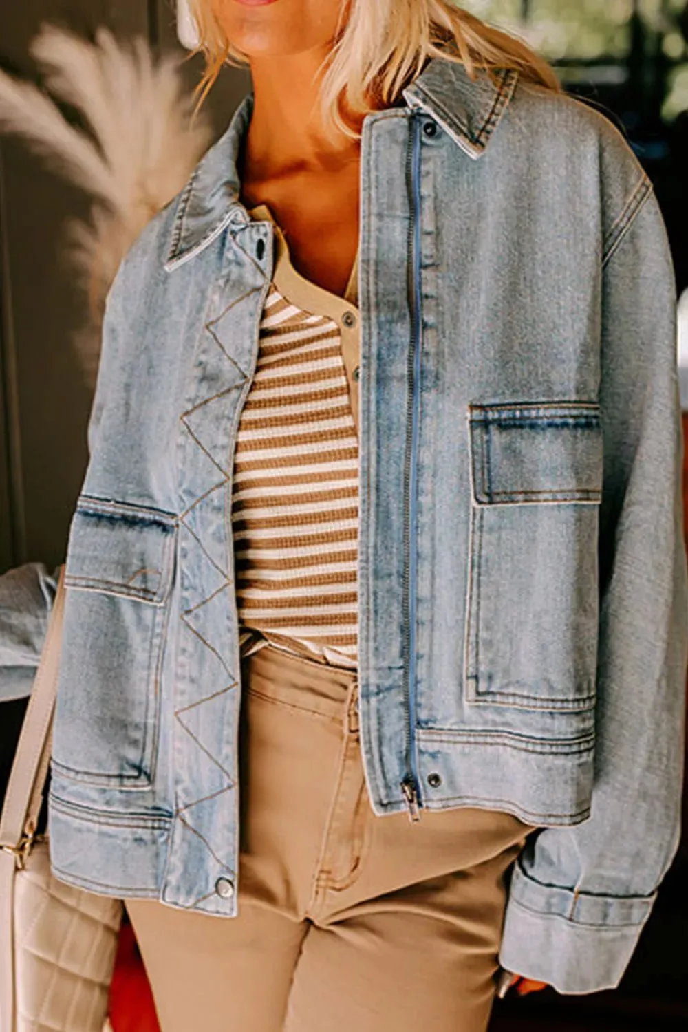 Zip Up Drop Shoulder Denim Jacket sold by Charming Charlie product image thumbnail 3