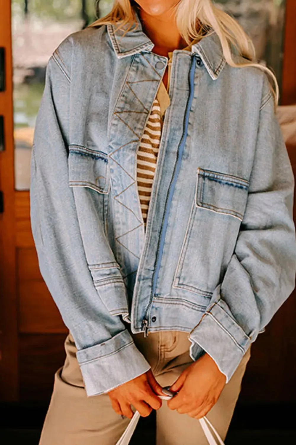 Zip Up Drop Shoulder Denim Jacket sold by Charming Charlie