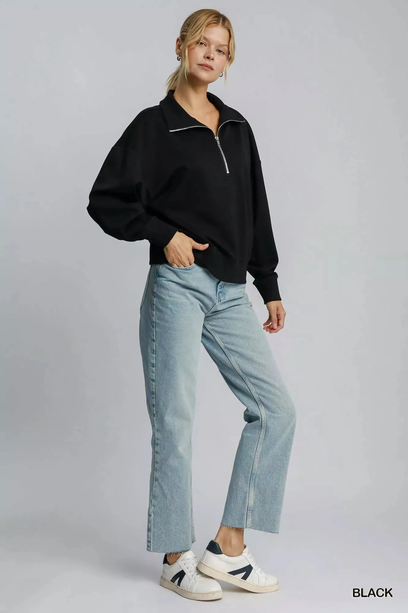 Umgee Half Zip Drop Shoulder Sweatshirt sold by Charming Charlie product image thumbnail 4