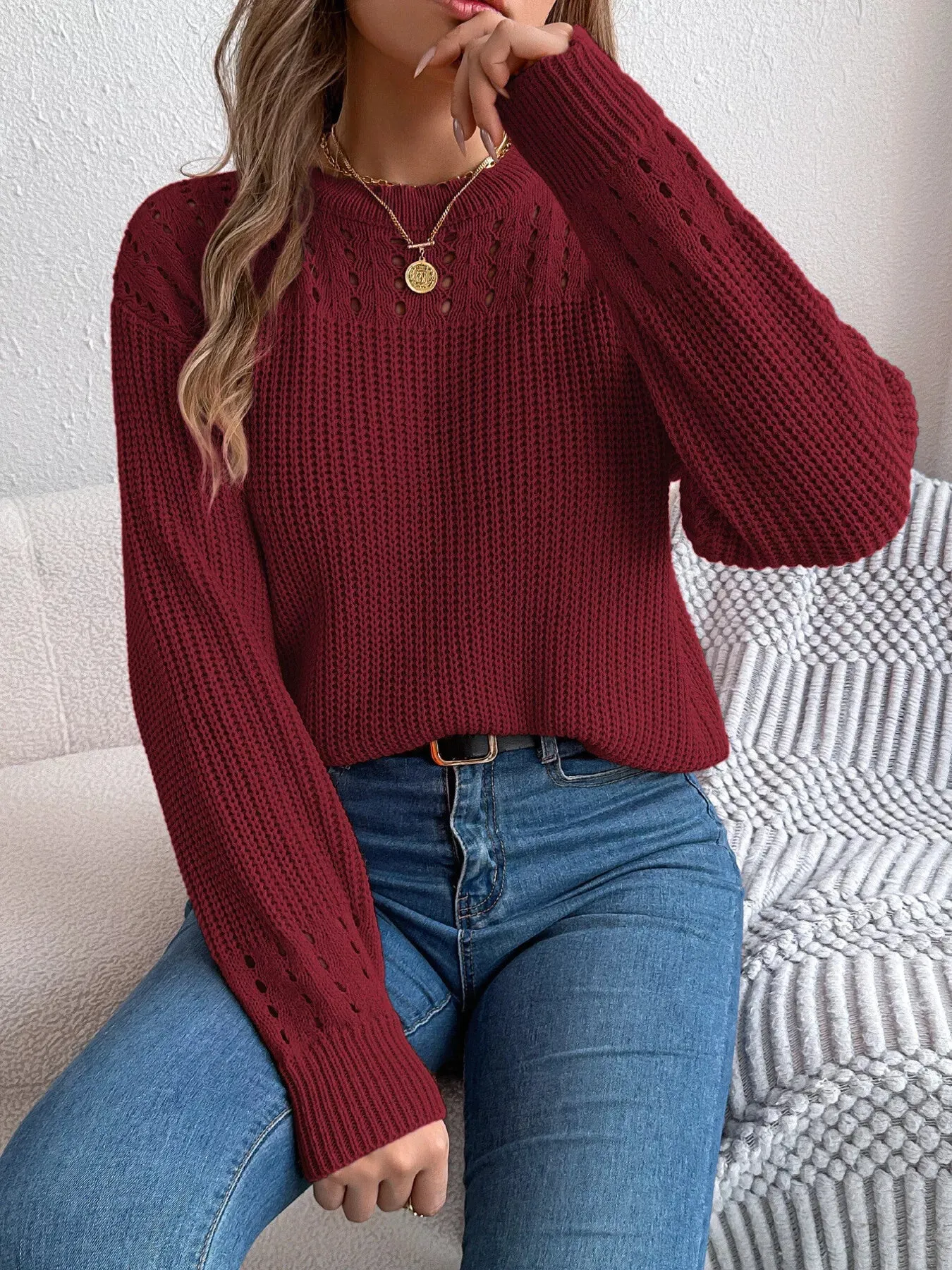 Openwork Round Neck Long Sleeve Sweater sold by Charming Charlie product image thumbnail 4