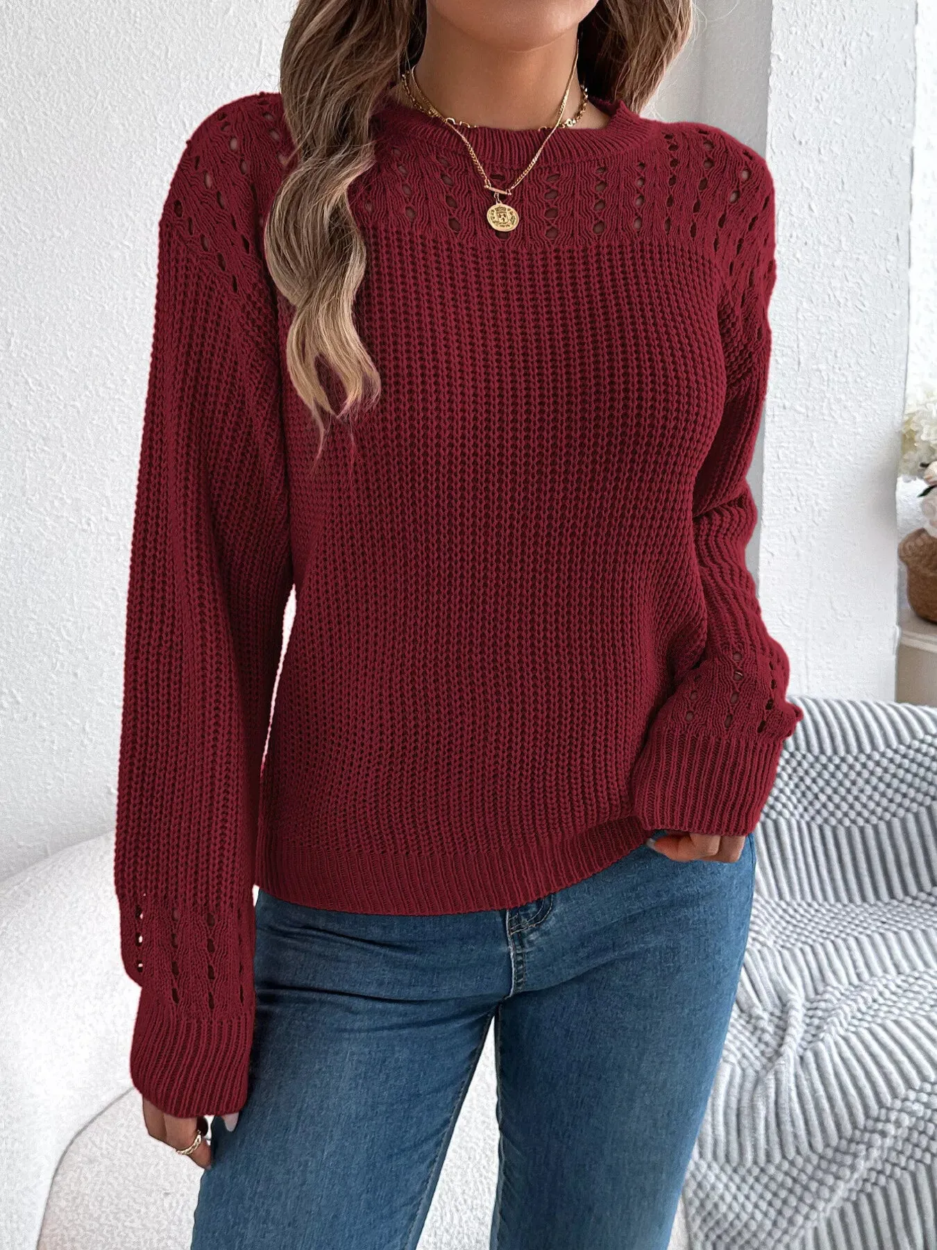 Openwork Round Neck Long Sleeve Sweater sold by Charming Charlie product image thumbnail 5