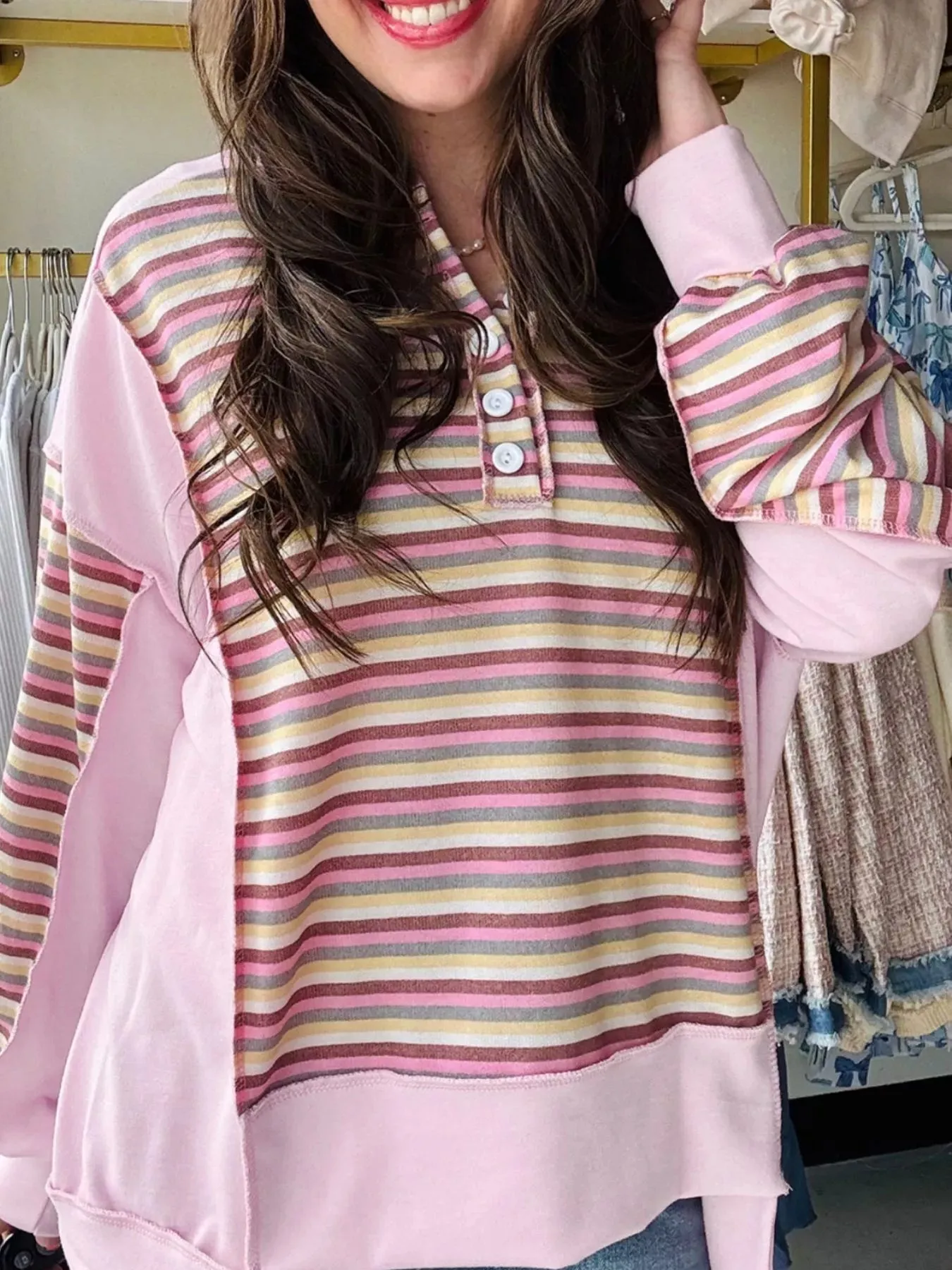 Exposed Seam Color Block Striped Patchwork Loose Henley Sweatshirt sold by Charming Charlie product image thumbnail 3