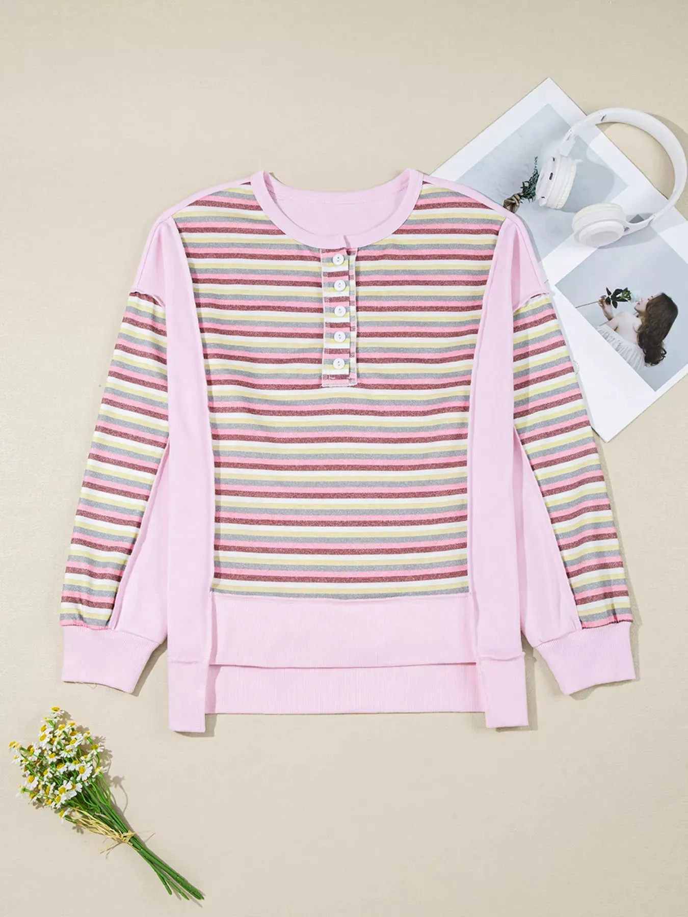 Exposed Seam Color Block Striped Patchwork Loose Henley Sweatshirt sold by Charming Charlie product image thumbnail 4