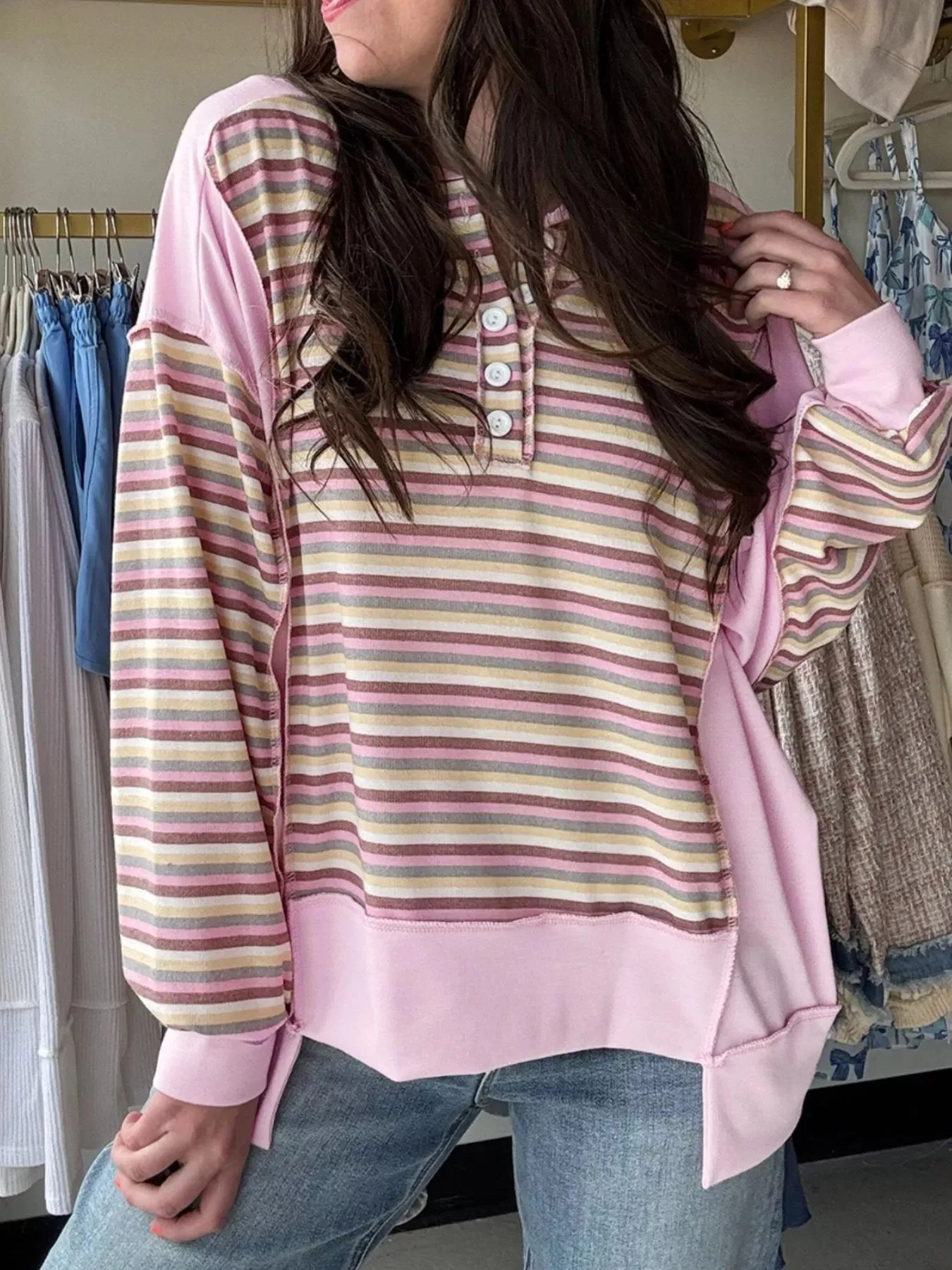 Exposed Seam Color Block Striped Patchwork Loose Henley Sweatshirt sold by Charming Charlie
