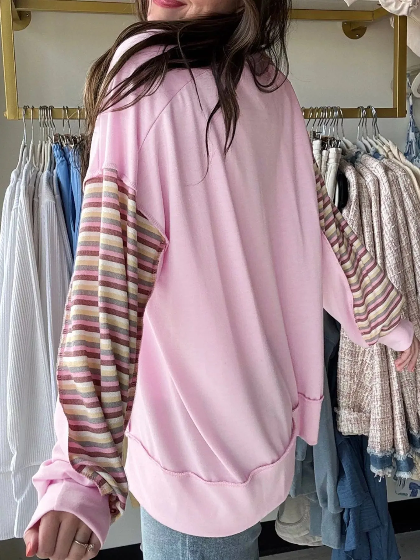 Exposed Seam Color Block Striped Patchwork Loose Henley Sweatshirt sold by Charming Charlie product image thumbnail 2