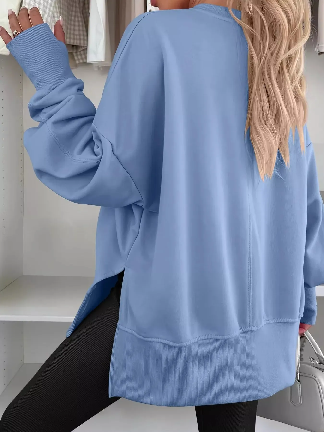 Side Slit Round Neck Long Sleeve Sweatshirt sold by Charming Charlie product image thumbnail 4