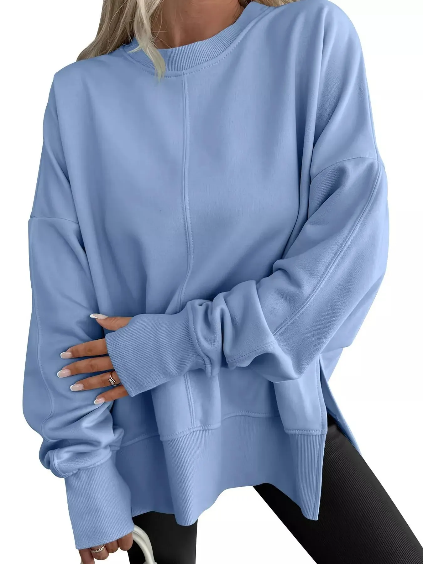 Side Slit Round Neck Long Sleeve Sweatshirt sold by Charming Charlie
