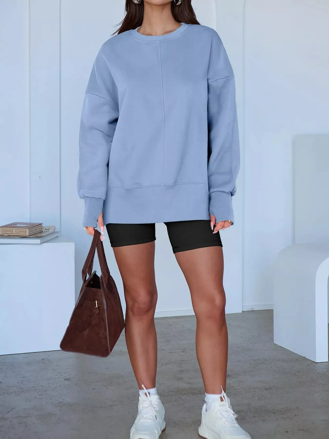 Side Slit Round Neck Long Sleeve Sweatshirt sold by Charming Charlie product image thumbnail 5
