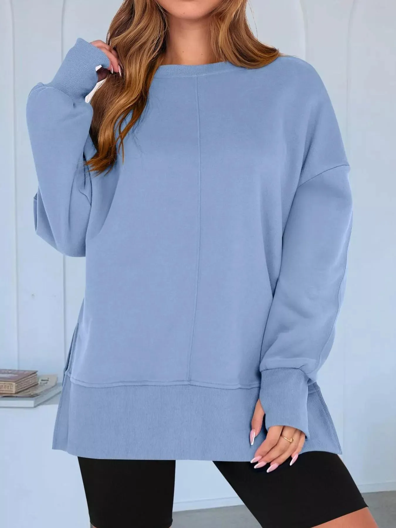 Side Slit Round Neck Long Sleeve Sweatshirt sold by Charming Charlie product image thumbnail 2