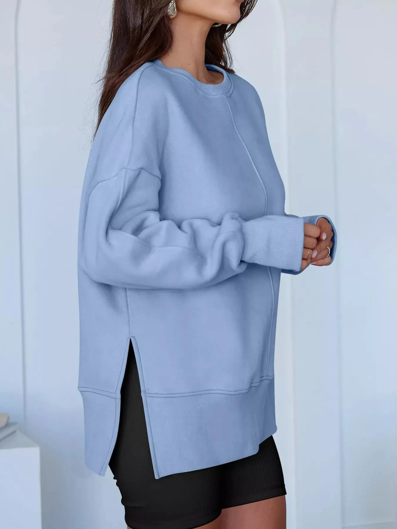 Side Slit Round Neck Long Sleeve Sweatshirt sold by Charming Charlie product image thumbnail 3