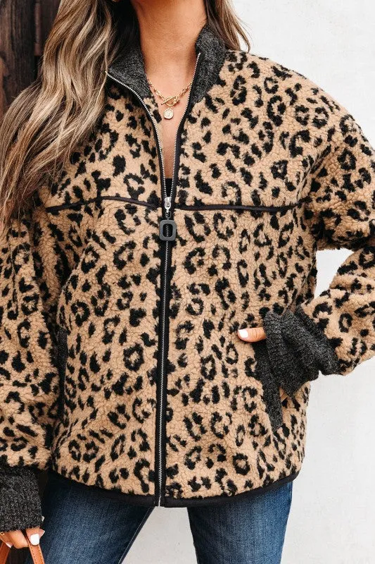 Leopard Zip-Up Stand Neck Side Pocket Jacket sold by Charming Charlie