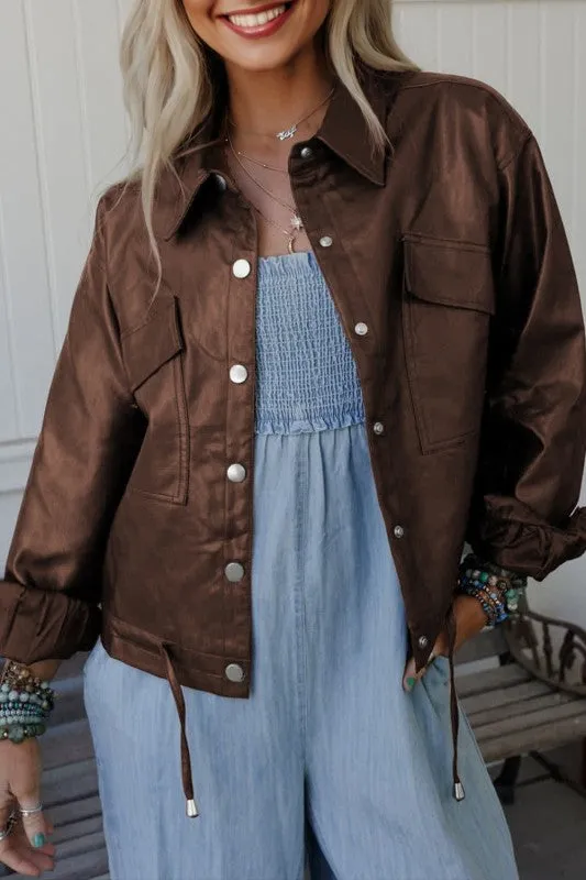 Leather Drawstring Hem Pocketed Jacket sold by Charming Charlie