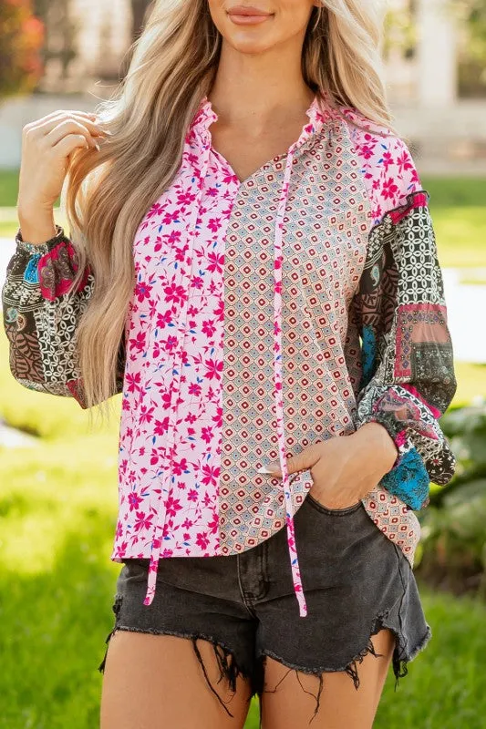 Boho Floral Patchwork Bubble Sleeve Blouse sold by Charming Charlie