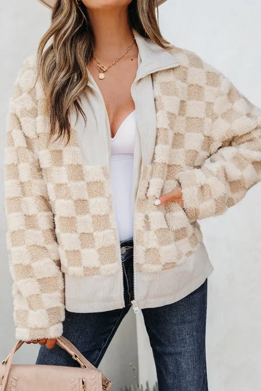 Checker Sherpa Corduroy Patchwork Zip-Up Jacket sold by Charming Charlie