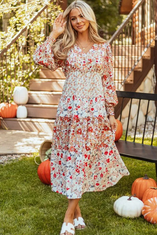 Floral V-Neck Ruffle Long Sleeve Midi Dress sold by Charming Charlie product image thumbnail 5
