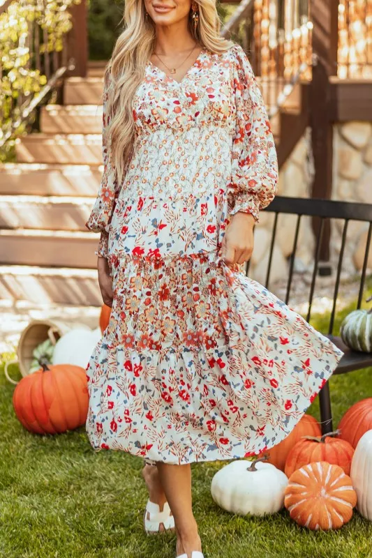 Floral V-Neck Ruffle Long Sleeve Midi Dress sold by Charming Charlie