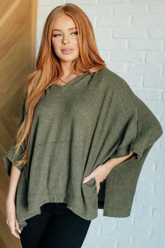 Perfectly Poised Hooded Poncho in Olive sold by Charming Charlie