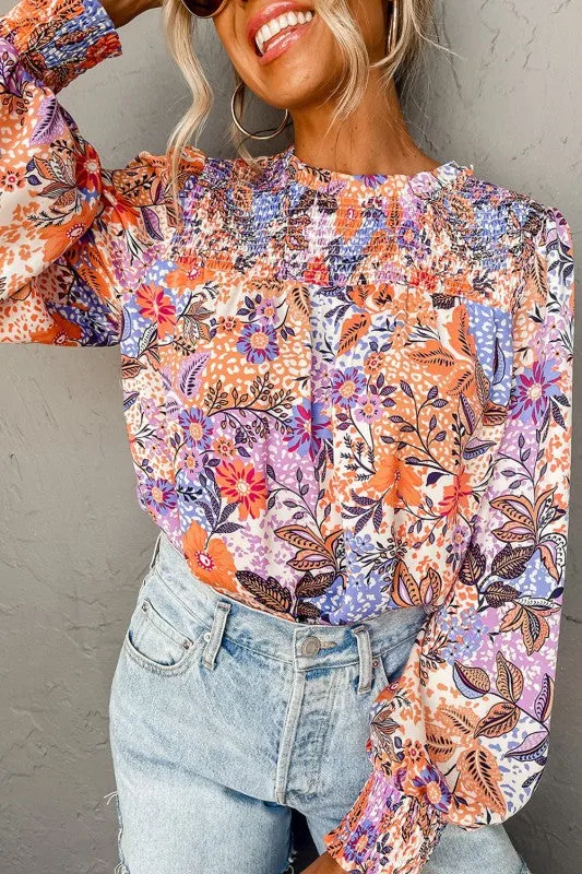 Floral Bishop Sleeve Frilled Round Neck Blouse sold by Charming Charlie