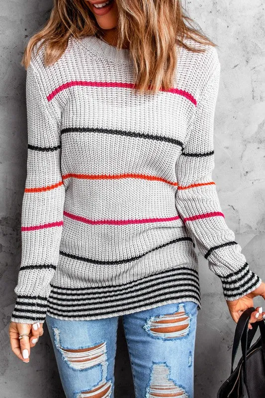 Gray Ribbed Knit Striped Sweater sold by Charming Charlie