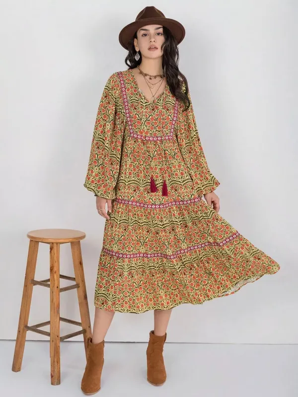 Floral Tiered Midi Dress with Balloon Sleeves sold by Charming Charlie