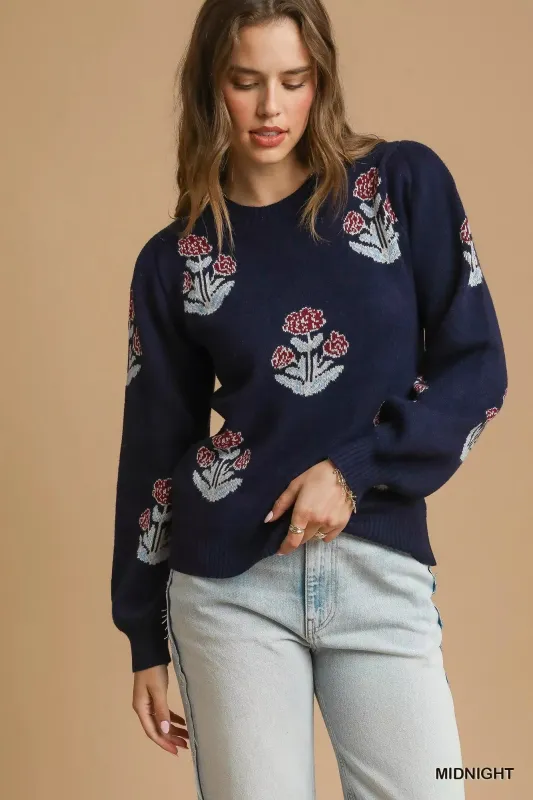 Umgee Floral Knit Sweater with Puff Sleeves sold by Charming Charlie